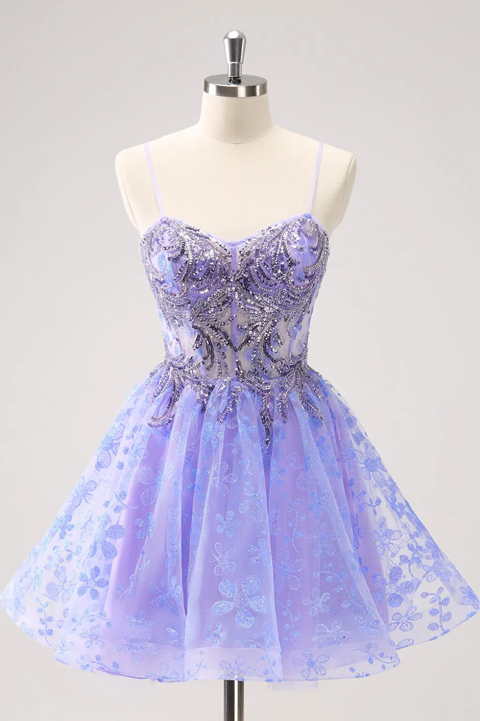 Brilhante Lilás Uma Linha Esparguete Correias Vestido Curto Homecoming com Sequins