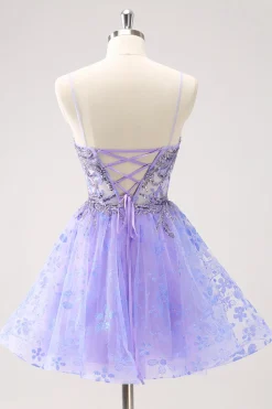 Brilhante Lilás Uma Linha Esparguete Correias Vestido Curto Homecoming com Sequins