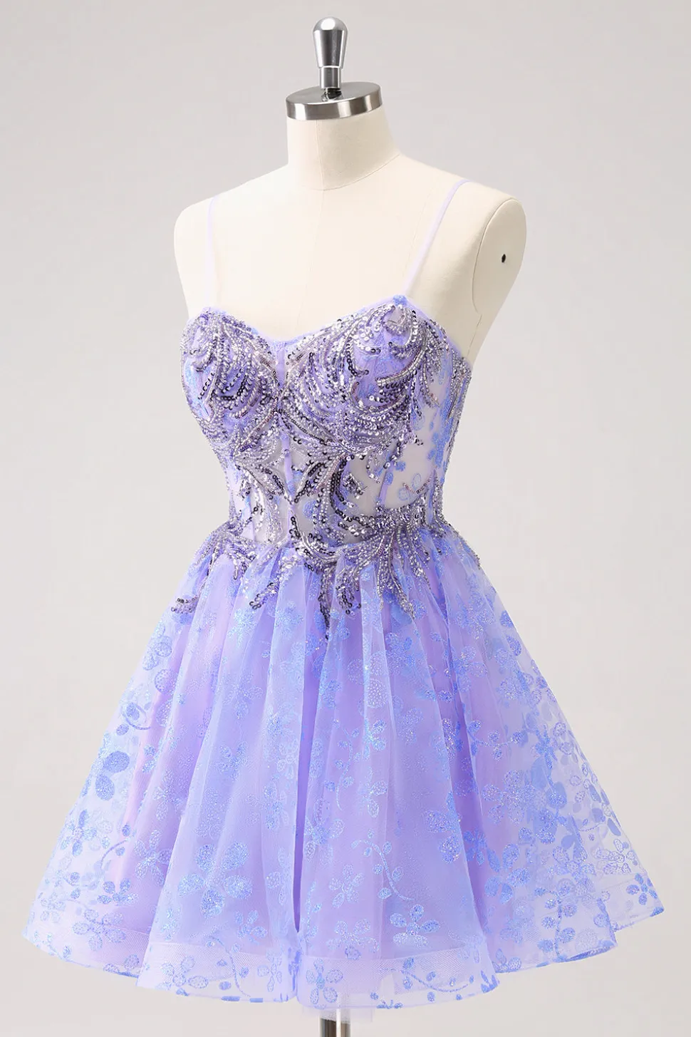 Brilhante Lilás Uma Linha Esparguete Correias Vestido Curto Homecoming com Sequins