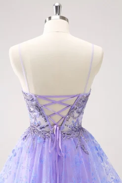 Brilhante Lilás Uma Linha Esparguete Correias Vestido Curto Homecoming com Sequins