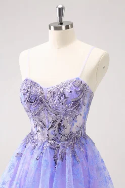 Brilhante Lilás Uma Linha Esparguete Correias Vestido Curto Homecoming com Sequins