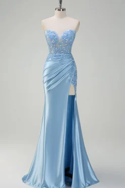 Brilhante Luz Sereia Espartilho Sem Alças Vestido de Fetim Cetim Prom com Fenda