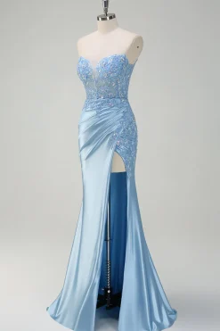 Brilhante Luz Sereia Espartilho Sem Alças Vestido de Fetim Cetim Prom com Fenda