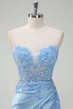 Brilhante Luz Sereia Espartilho Sem Alças Vestido de Fetim Cetim Prom com Fenda