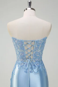 Brilhante Luz Sereia Espartilho Sem Alças Vestido de Fetim Cetim Prom com Fenda