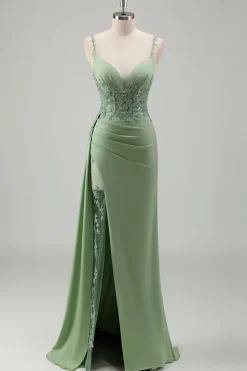 Brilhante Luz Verde Sereia Esparguete Correias Appliques Long Prom Dress with Slit