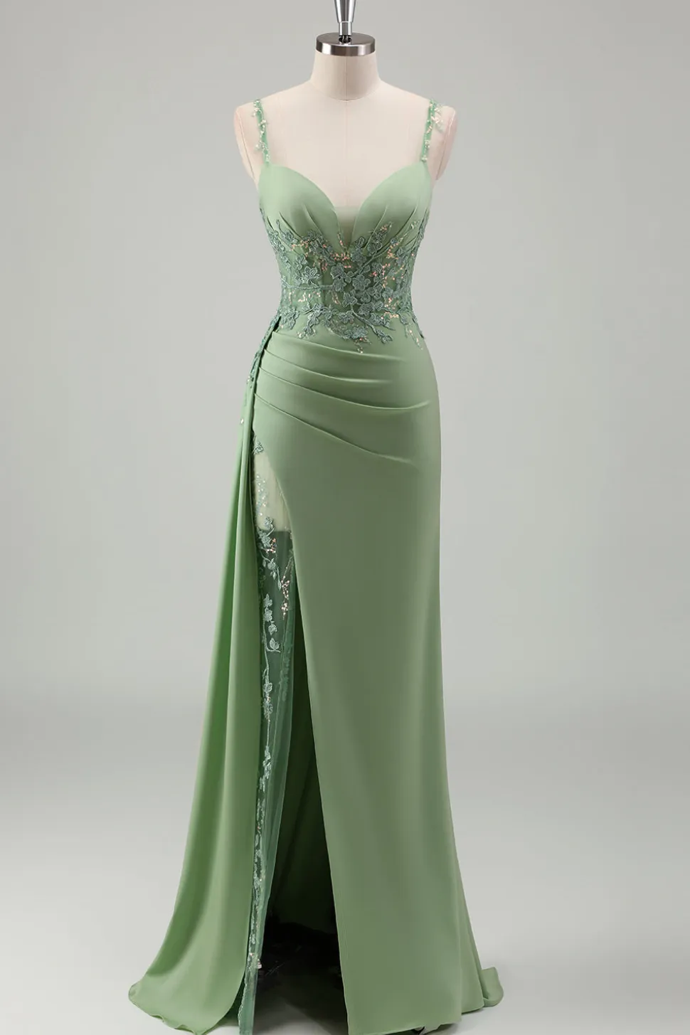 Brilhante Luz Verde Sereia Esparguete Correias Appliques Long Prom Dress with Slit