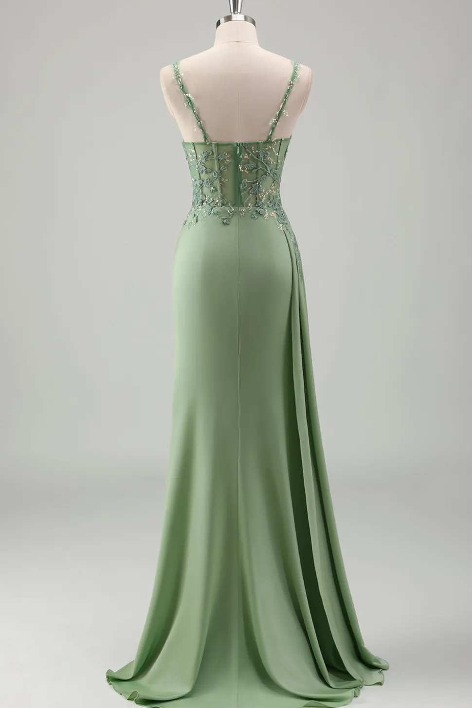 Brilhante Luz Verde Sereia Esparguete Correias Appliques Long Prom Dress with Slit