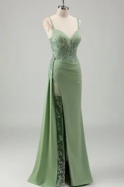 Brilhante Luz Verde Sereia Esparguete Correias Appliques Long Prom Dress with Slit