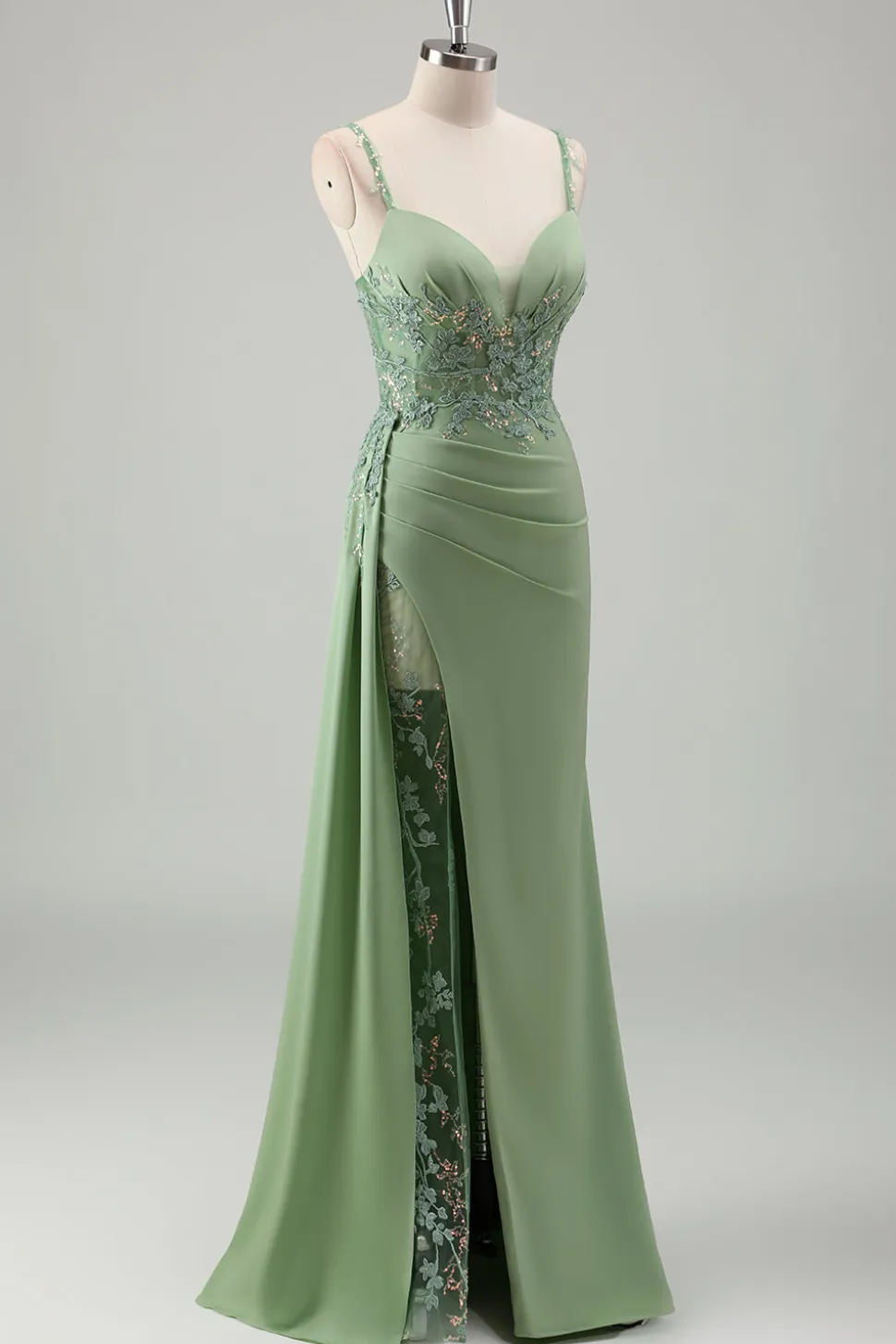 Brilhante Luz Verde Sereia Esparguete Correias Appliques Long Prom Dress with Slit