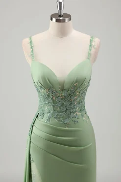 Brilhante Luz Verde Sereia Esparguete Correias Appliques Long Prom Dress with Slit