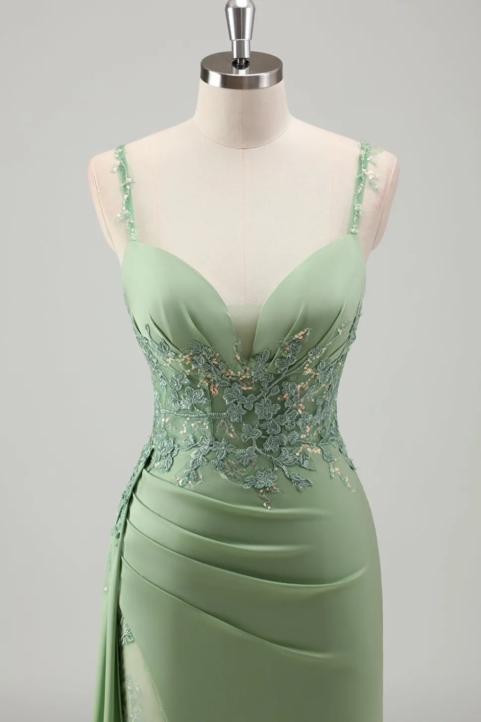 Brilhante Luz Verde Sereia Esparguete Correias Appliques Long Prom Dress with Slit