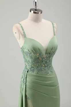 Brilhante Luz Verde Sereia Esparguete Correias Appliques Long Prom Dress with Slit