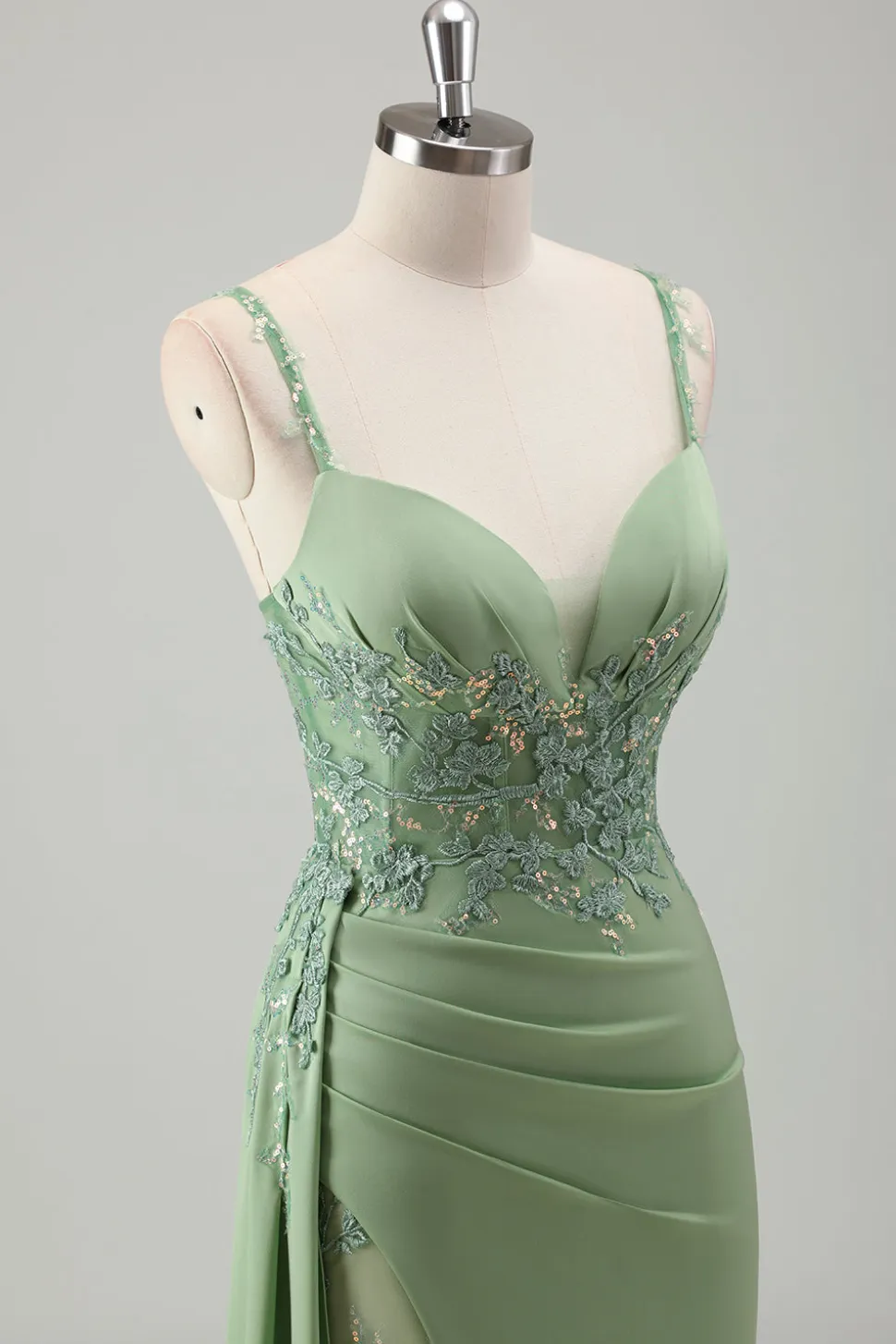 Brilhante Luz Verde Sereia Esparguete Correias Appliques Long Prom Dress with Slit