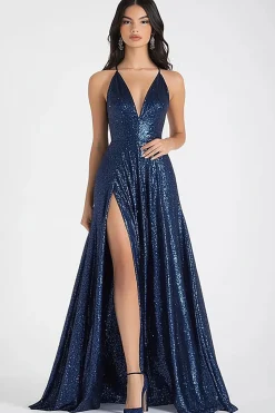 Brilhante Marinha Linha-A Lantejoulas Longo Vestido De Baile com Fenda