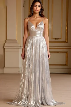 Brilhante Prata Alças Finas Linha-A Longo Vestido De Baile