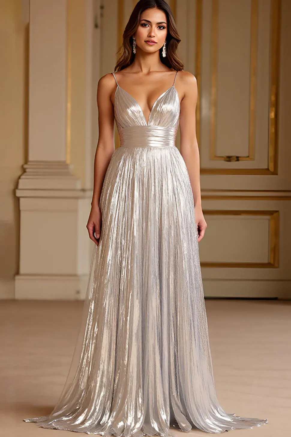 Brilhante Prata Alças Finas Linha-A Longo Vestido De Baile