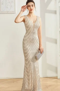 Brilhante Prata Sereia V Pescoço Vestido Longo Baile de Formatura