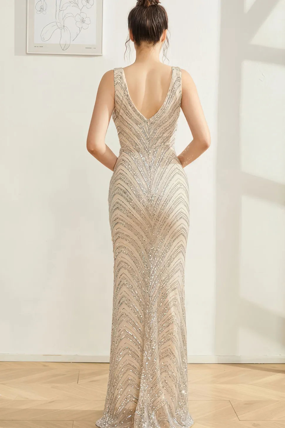 Brilhante Prata Sereia V Pescoço Vestido Longo Baile de Formatura