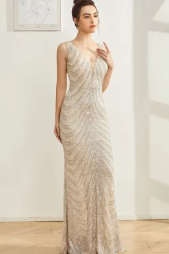 Brilhante Prata Sereia V Pescoço Vestido Longo Baile de Formatura