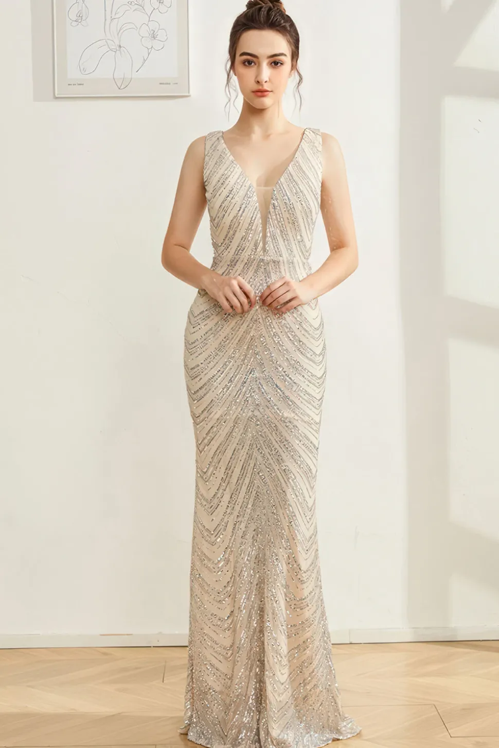 Brilhante Prata Sereia V Pescoço Vestido Longo Baile de Formatura
