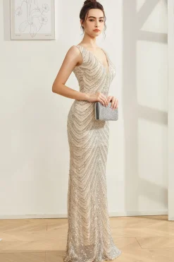 Brilhante Prata Sereia V Pescoço Vestido Longo Baile de Formatura