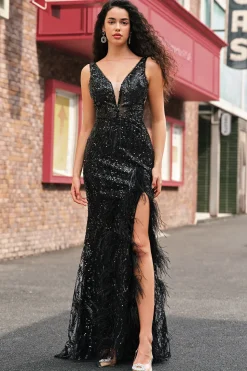 Brilhante Preto Depp V-neck Sereia Vestido Longo Baile de Formatura com Penas