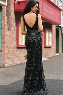 Brilhante Preto Depp V-neck Sereia Vestido Longo Baile de Formatura com Penas