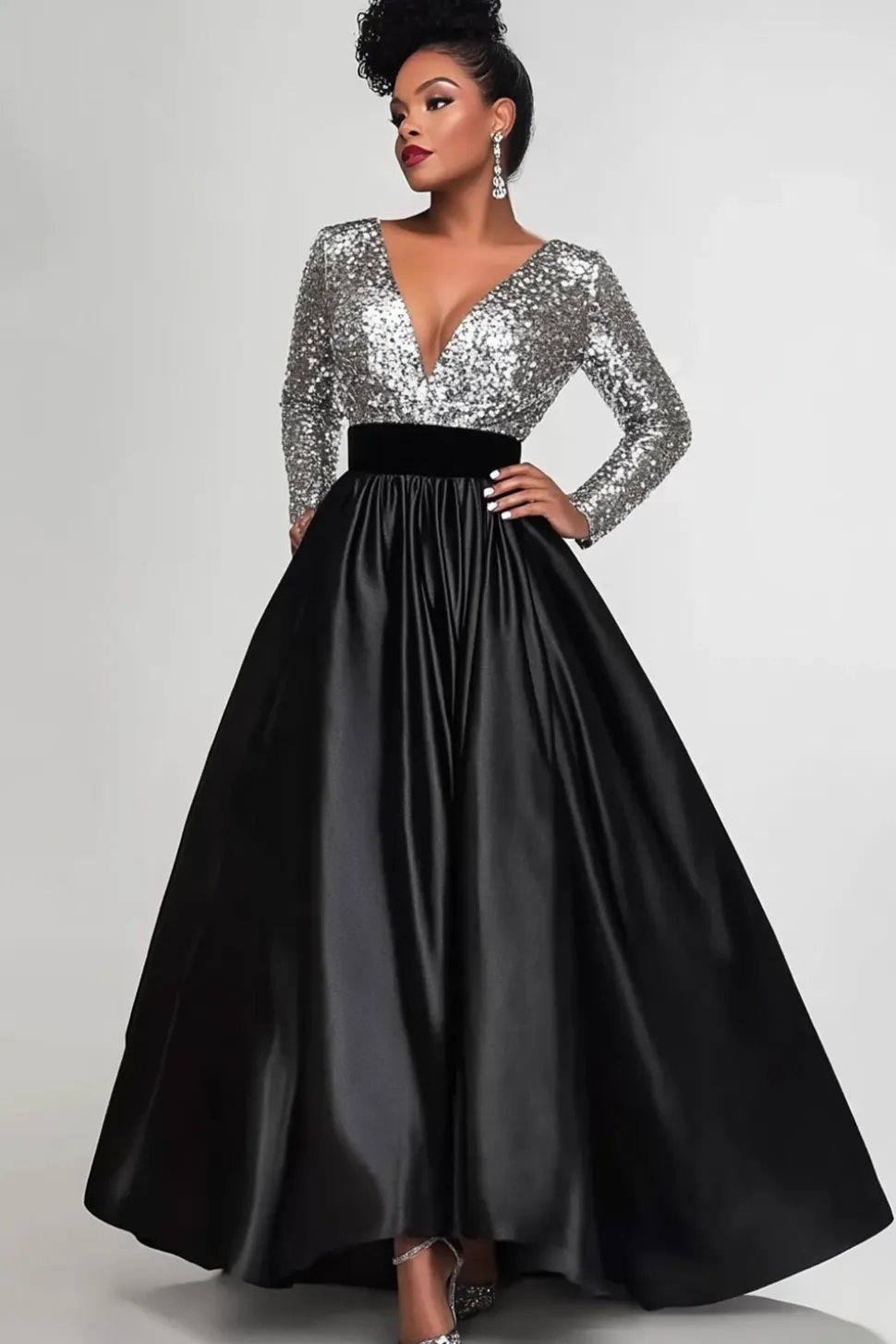 Brilhante Preto Prata A-Line Mangas Longas Sequins Top Long Mãe do Vestido da Noiva
