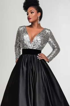 Brilhante Preto Prata A-Line Mangas Longas Sequins Top Long Mãe do Vestido da Noiva