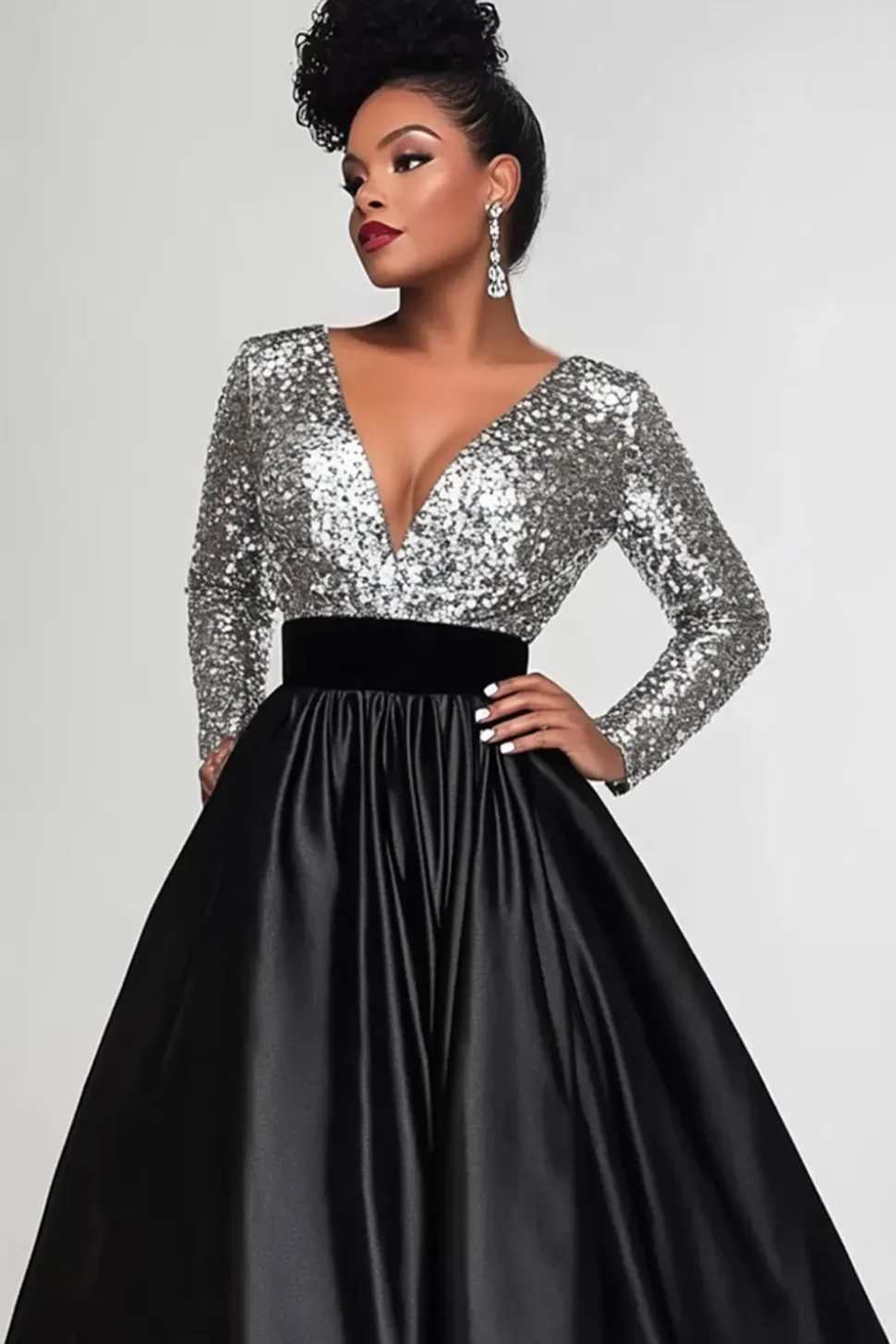 Brilhante Preto Prata A-Line Mangas Longas Sequins Top Long Mãe do Vestido da Noiva