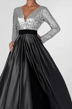 Brilhante Preto Prata A-Line Mangas Longas Sequins Top Long Mãe do Vestido da Noiva