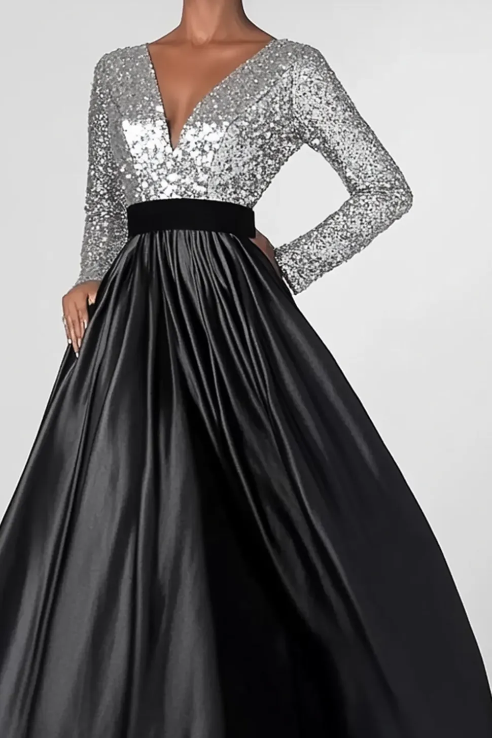 Brilhante Preto Prata A-Line Mangas Longas Sequins Top Long Mãe do Vestido da Noiva