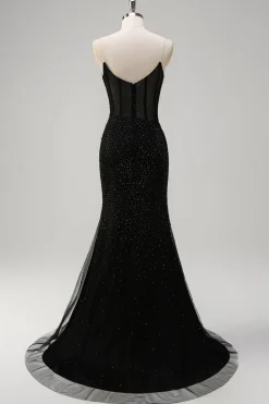 Brilhante Preto Sereia Esparguete Correias Corset Frisado Longo Vestido de Baile com Fenda