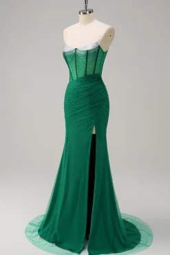 Brilhante Preto Sereia Esparguete Correias Corset Frisado Longo Vestido de Baile com Fenda