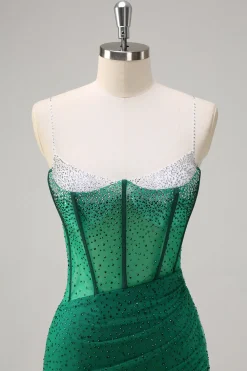 Brilhante Preto Sereia Esparguete Correias Corset Frisado Longo Vestido de Baile com Fenda