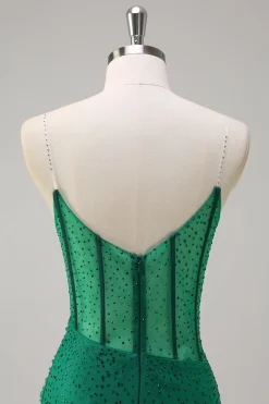Brilhante Preto Sereia Esparguete Correias Corset Frisado Longo Vestido de Baile com Fenda