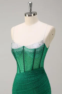 Brilhante Preto Sereia Esparguete Correias Corset Frisado Longo Vestido de Baile com Fenda