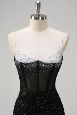 Brilhante Preto Sereia Esparguete Correias Corset Frisado Longo Vestido de Baile com Fenda