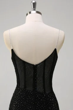 Brilhante Preto Sereia Esparguete Correias Corset Frisado Longo Vestido de Baile com Fenda