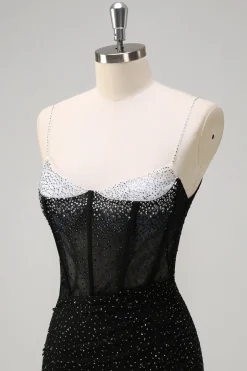 Brilhante Preto Sereia Esparguete Correias Corset Frisado Longo Vestido de Baile com Fenda