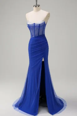 Brilhante Preto Sereia Esparguete Correias Corset Frisado Longo Vestido de Baile com Fenda