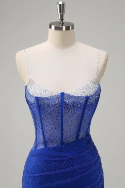 Brilhante Preto Sereia Esparguete Correias Corset Frisado Longo Vestido de Baile com Fenda