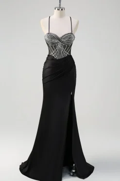 Brilhante preto sereia halter pescoço frisado longo vestido de baile com fenda