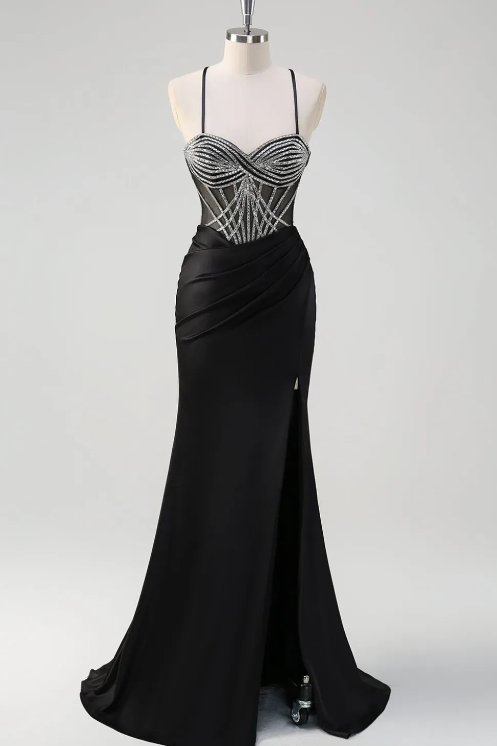 Brilhante preto sereia halter pescoço frisado longo vestido de baile com fenda