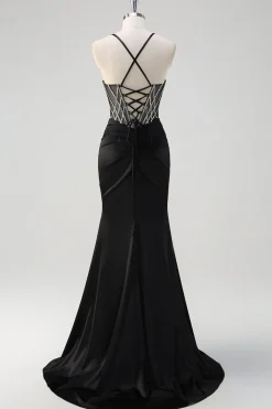 Brilhante preto sereia halter pescoço frisado longo vestido de baile com fenda