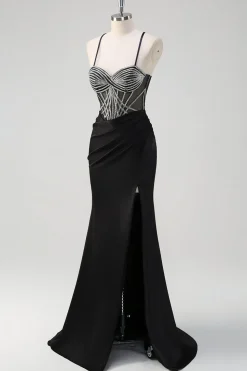 Brilhante preto sereia halter pescoço frisado longo vestido de baile com fenda