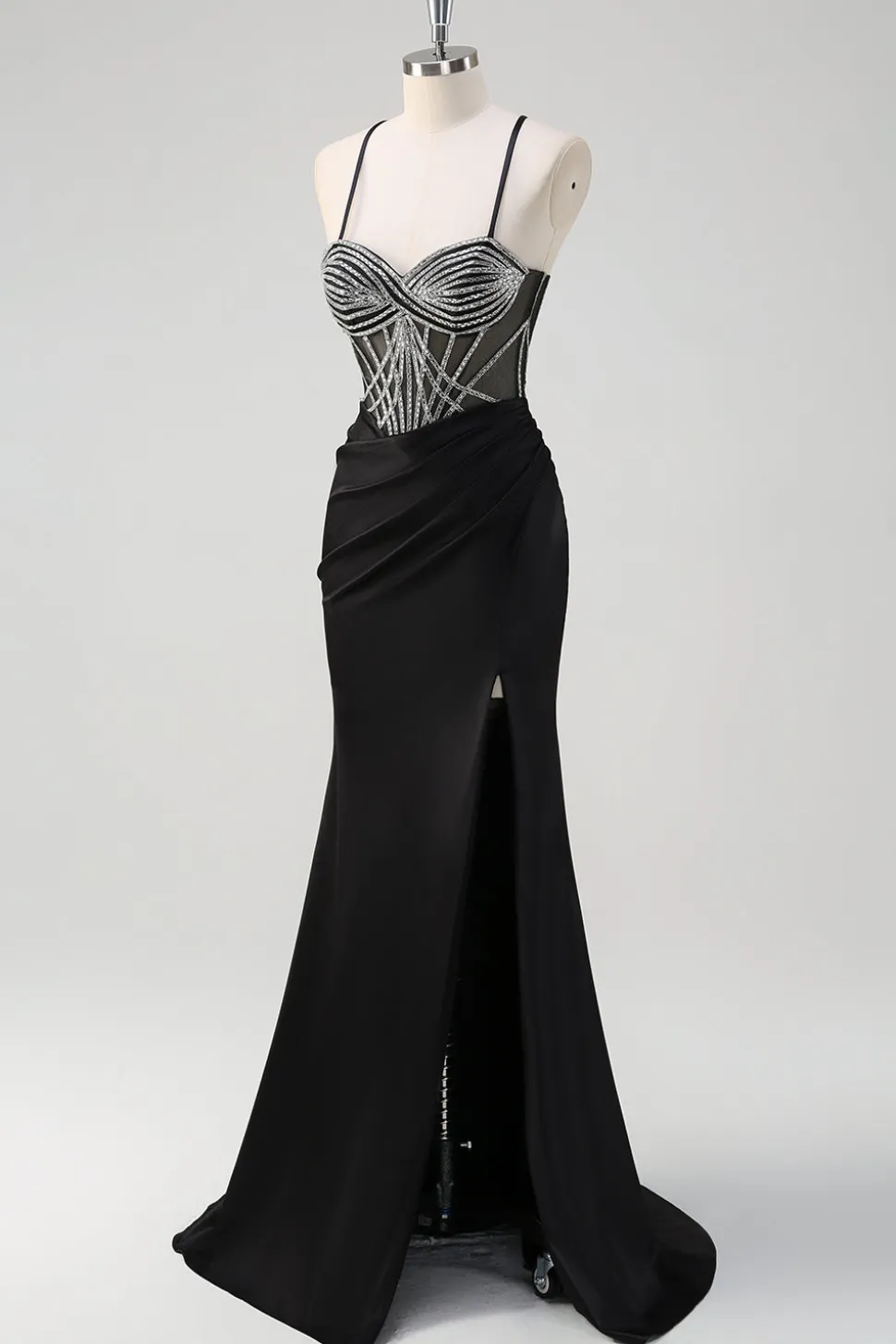 Brilhante preto sereia halter pescoço frisado longo vestido de baile com fenda
