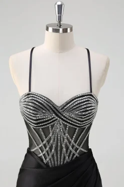 Brilhante preto sereia halter pescoço frisado longo vestido de baile com fenda