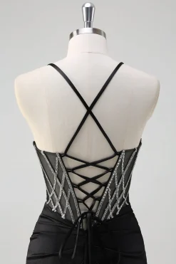 Brilhante preto sereia halter pescoço frisado longo vestido de baile com fenda